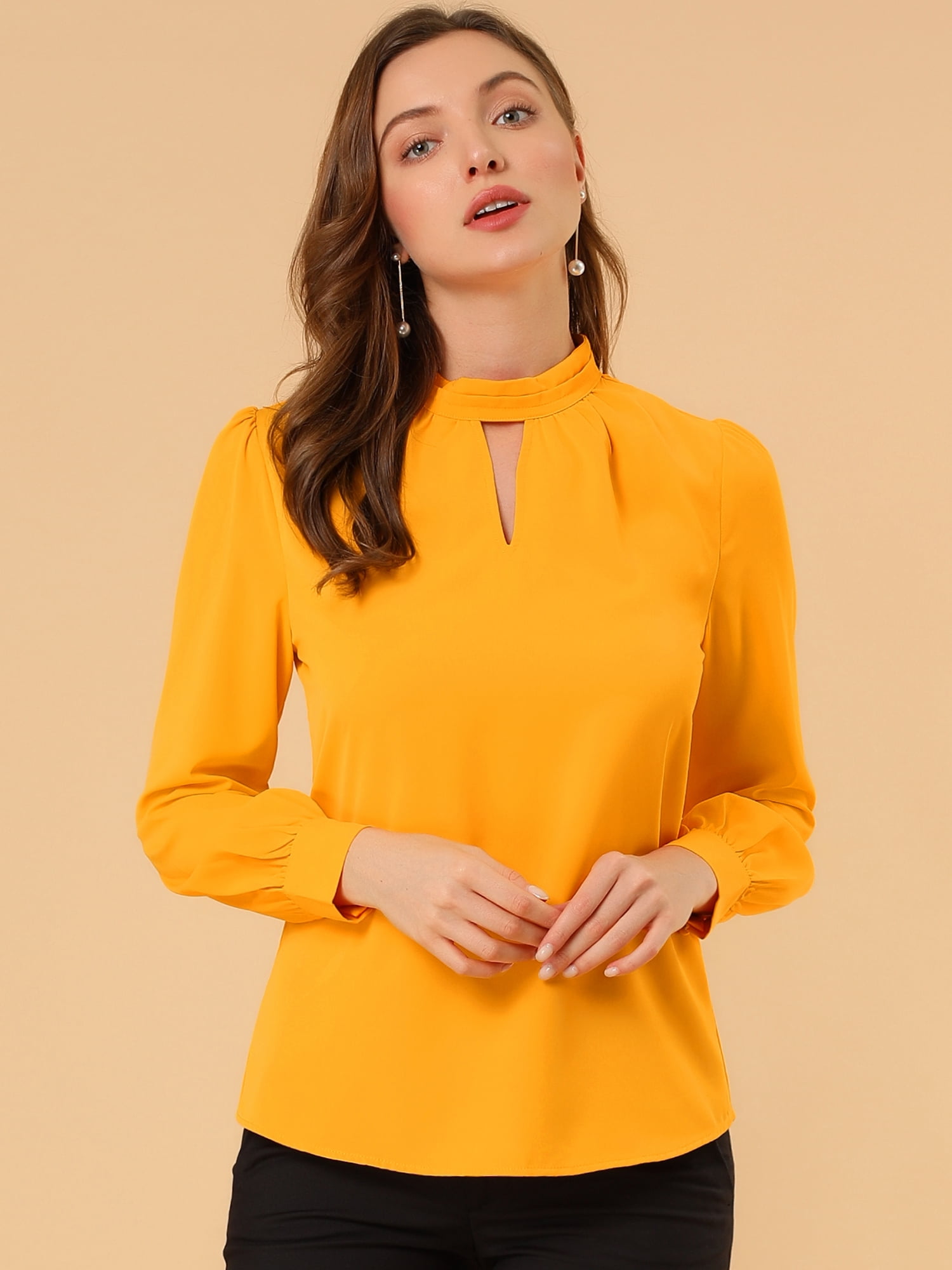 DARING DIVA Women's Stand Collar Long Sleeve Office Blouse 3XL Bright Yellow