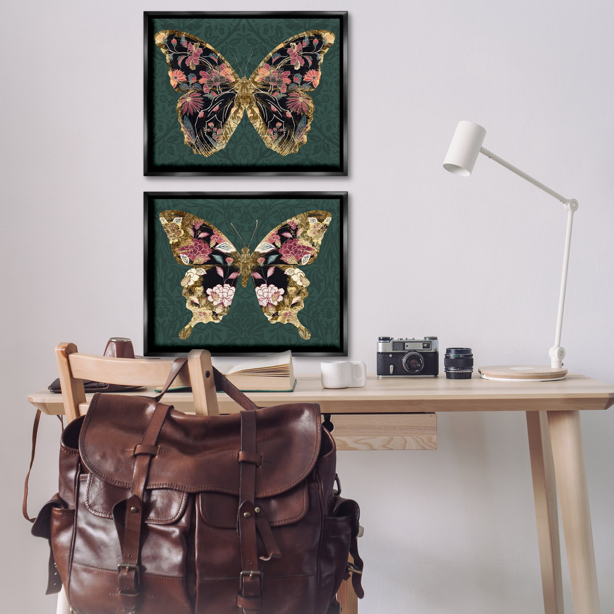 Stupell Industries Gold Black Floral Butterfly Animals Painting Black Floater Framed Canvas Art Print Wall Art, 31 x 25, Set of 2