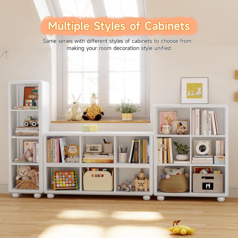 Tall Bookcase with 6 Cube Storage, Wooden Kids Bookshelf with Child Safe Paint, Girl Toy Storage Organizer Cabinet with Thick Board, Boy Large Book Shelves for Office Playroom Living Room