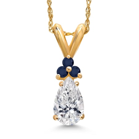 Gem Stone King 14K Yellow Gold DEF Lab Grown Diamond and Blue Sapphire Pendant Necklace for Women | 0.61 Cttw | Gemstone April Birthstone | Pear Shape 7X5MM | With 18 inch Chain