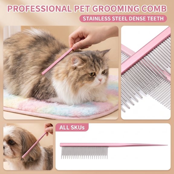 Stainless Steel Pet Grooming Brush with Fine Teeth and Pointed Tail, 7.1 Inch, Deshedding Comb for Cats and Dogs, Fur Remover(Pink)