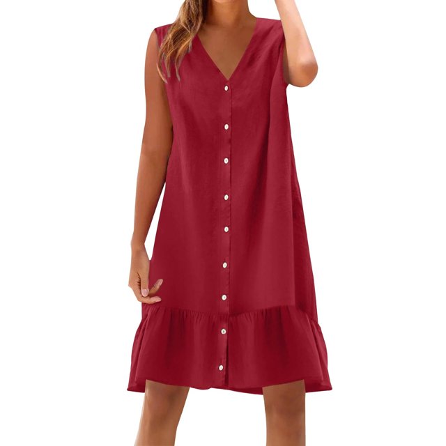Dvprdro Robe d'Été Imitation Coton Lin pour Femmes Mode Décontractée Ample Couleur Unie Col en V Sans Manches Boutonnée Ourlet à Volants Robe de Plage Soleil