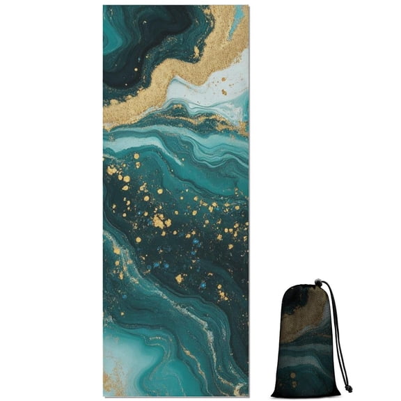 Teal Gold Marble Pattern Hot Yoga Mat Towel Non Slip for Hot Yoga - Quick-Drying Yoga Mat Cover with 4 Corner Pockets with Travel Bag - Hot Yoga Towel Non Slip Grip Moisture Wicking Sweat 70"x26"