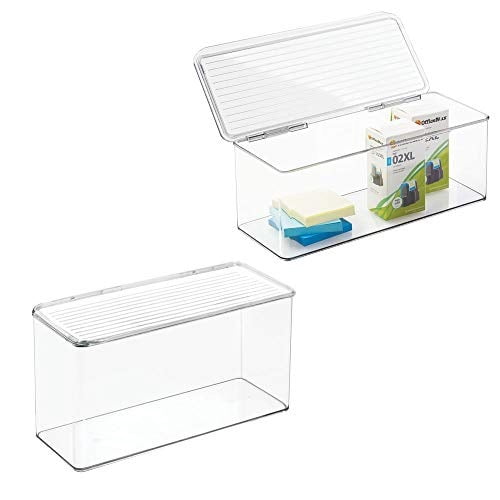 Office Supplies Storage Organizer Box with Hinged Lid Dry Erase Markers Gel Pens Clear mDesign Plastic Stackable Home Staples Pack of 4 for Note Pads 6 Inches Wide Includes 32 Labels Tape