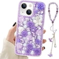 thumbnail image 1 of Funda brillante con correa para iPhone 13, de lujo, con purpurina, diamantes de imitación, cristales brillantes, rosas, flores, perlas, pulseras florales, funda protectora suave para mujeres y niñas,, 1 of 8