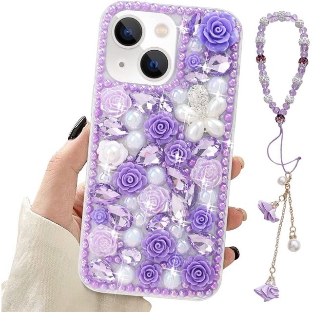 Funda brillante con correa para iPhone 13, de lujo, con purpurina, diamantes de imitación, cristales brillantes, rosas, flores, perlas, pulseras florales, funda protectora suave para mujeres y niñas,