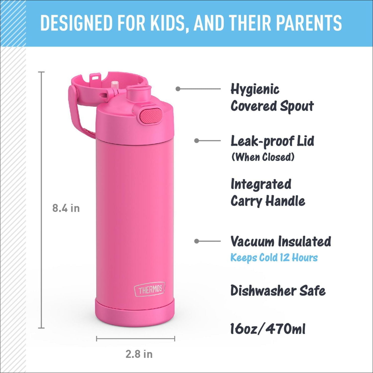 Thermos Kids Bouteille d'eau isotherme en acier inoxydable avec bec verseur et couvercle, 29,5 ml, rose vif Bouteille de 16 onces