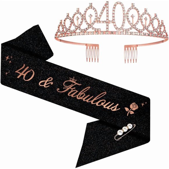 40th Birthday Sash and Tiara, Rhinestone Crown Birthday Gift for Women 40th birthday decorations Silver (Rosegold)