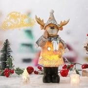 11.8 Inch Christmas Moose Holding Gift Decor, Moose Figurines Hand-Painted Resin Table Top Moose Statues with LED Lights for Centerpiece,White