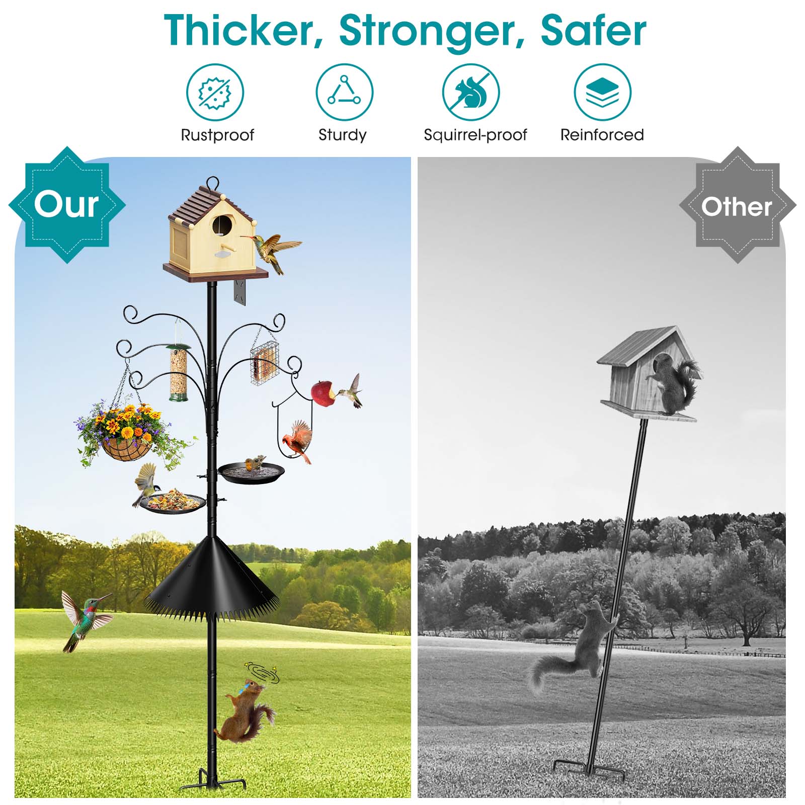 Bird Feeder Pole Squirrel Proof, 108 Inch Heavy Duty Bird House Pole, Adjustable Bird Feeder Stand with 5 Shepherds Hooks, 2 Mental Trays, Hummingbird Swing