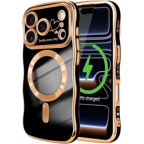 for iPhone 17 Pro Max Case for Women Girls [Compatible with MagSafe] Cute Curly Wave Shape, Magnetic Love Heart Pattern with Camera Lens Cover Luxury Plating Shockproof Phone Case