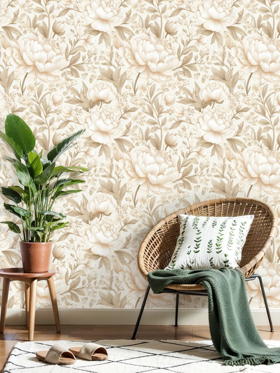 Vintage Peel and Stick Wallpaper Elegant Floral Peonies Blossoms Soft Beige Tones Wall Mural 17.7in x 9.8ft Self Adhesive Removable Wall Paper Renter Friendly Wallpaper for Nursery Bedroom Cabinets