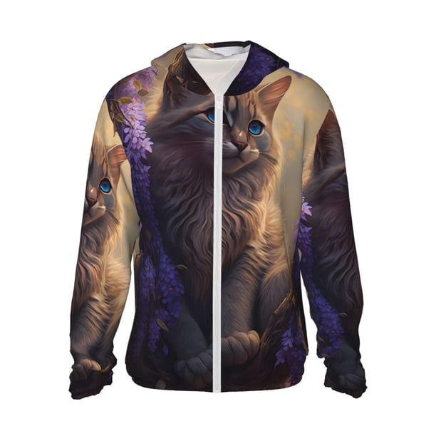Balery Purple Flower Lazy Cat Sudadera ligera de manga larga con capucha y protección solar UPF 50+ para hombre y mujer, ideal para pesca y running-Large