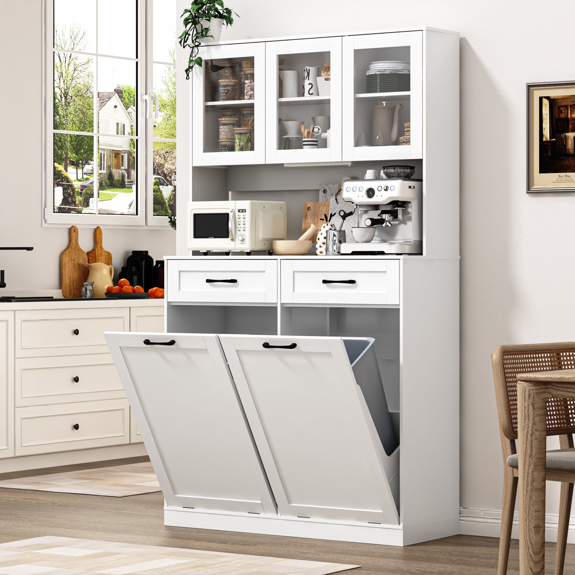 ANPOO 72.1"H Kitchen Pantry Storage Cabinet with Power Outlets & LED light, Kitchen Double Tilt Out Trash Cabinet 13X2 Gallon Garbage Holder with Two Drawers, Freestand Laundry Sort Cabinets