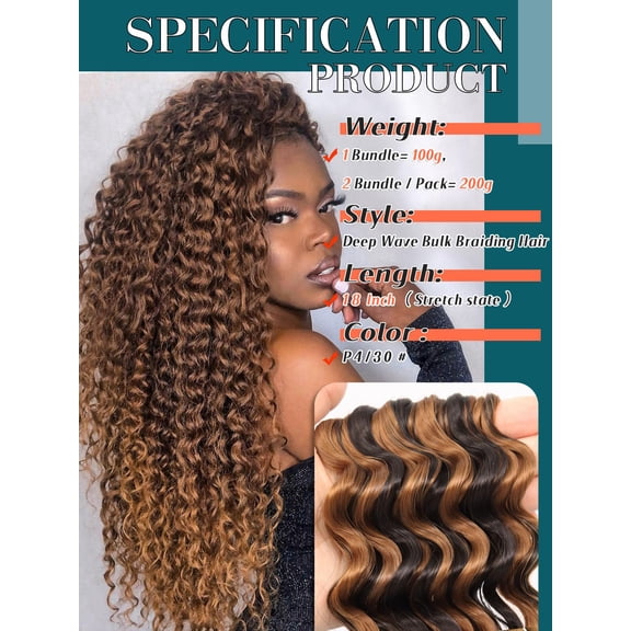 FGERFE-P4/30 Bohemian Braiding Hair Deep Wave Bulk Hair for Braiding No Weft Hair Curls for Boho Braids Wet and Wavy Curly Bundles for Braiding Hair Extensions 2 Bundle 200g 18 Inch Water Wave