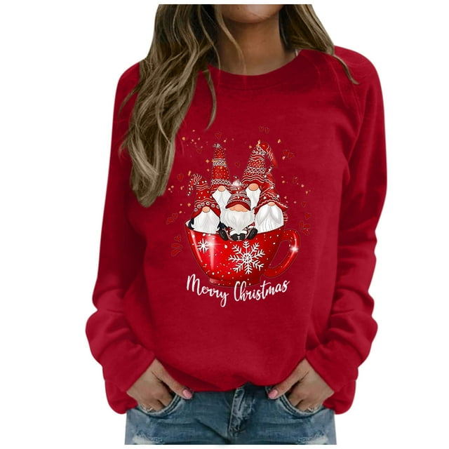 Chandail en Molleton d'Hiver pour Femmes Mi-Longueur Blouse Ample Chaude Col Rond Cardigan Pull Imprimé Noël Chandail à Capuchon Mode