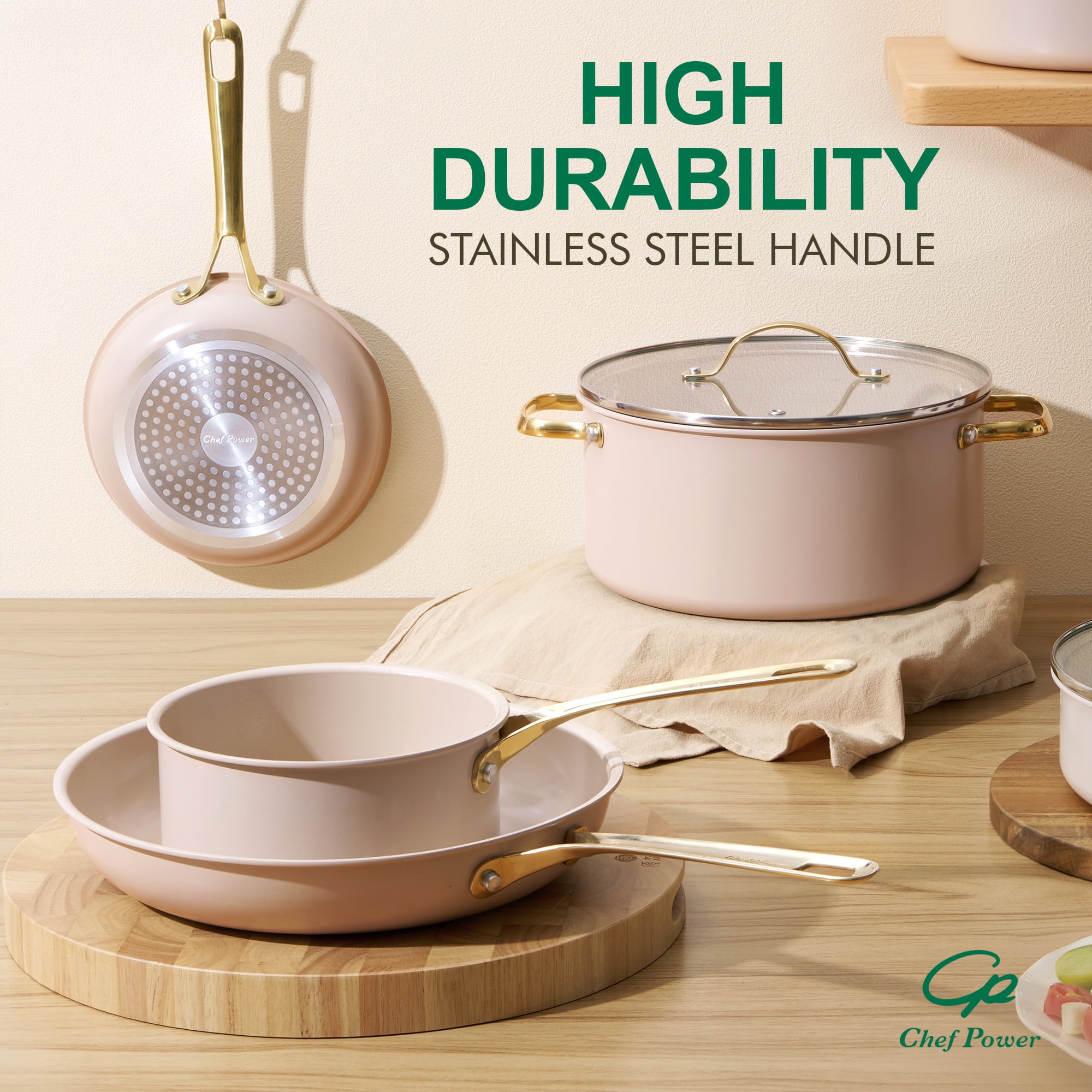 Chef Power Ceramic Cookware Sets, 10Pcs Pots and Pans Set Non Stick, Cookware Set with Stainless Steel Handle, Dishwasher & Oven Safe,  Taupe with Light Gold Handle