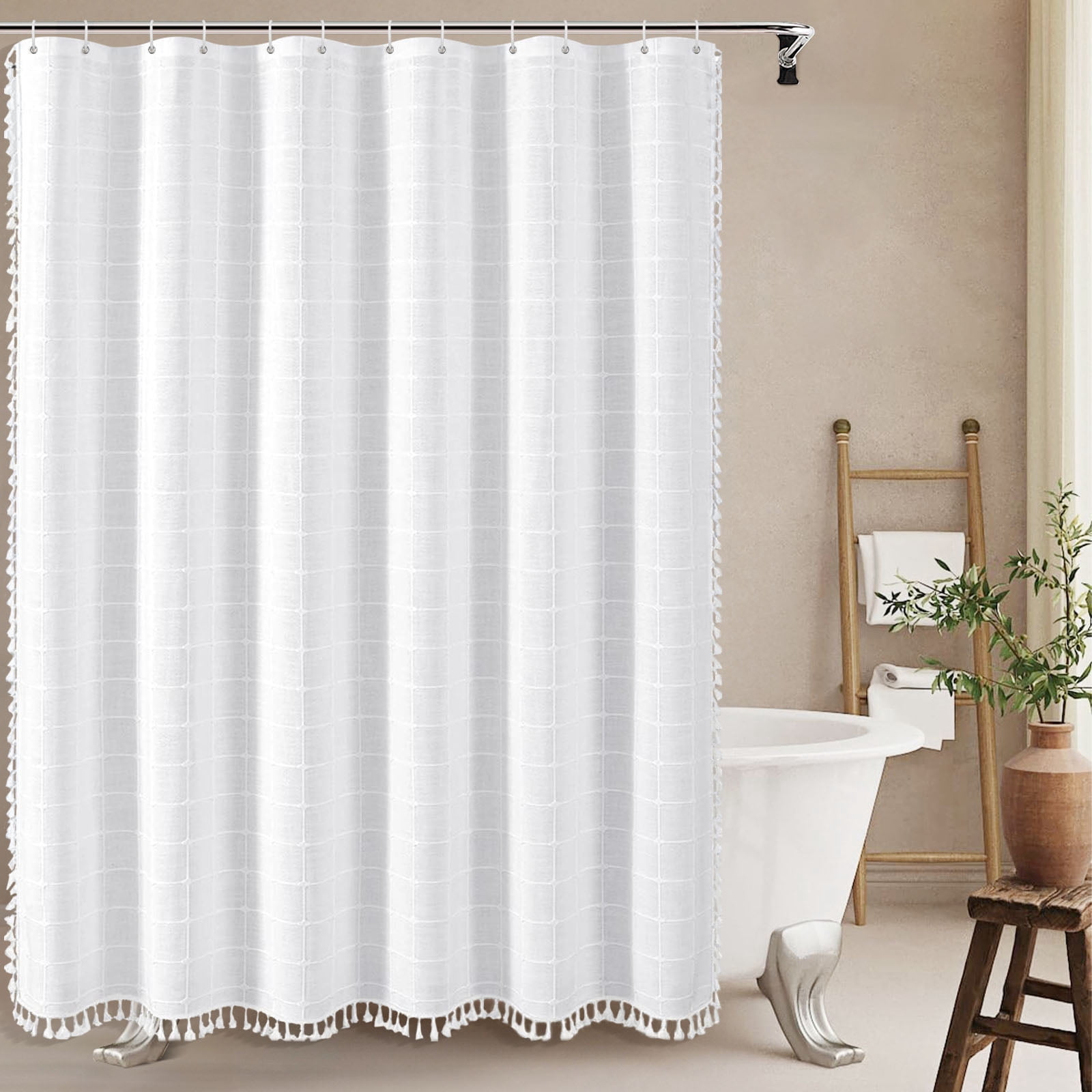 Lipa Boho Farmhouse Shower Curtain,Rustic Linen Blend Grid Shower Curtain with Tassels,Bathroom Shower Curtain with 12 Hooks,White,72" x 72"