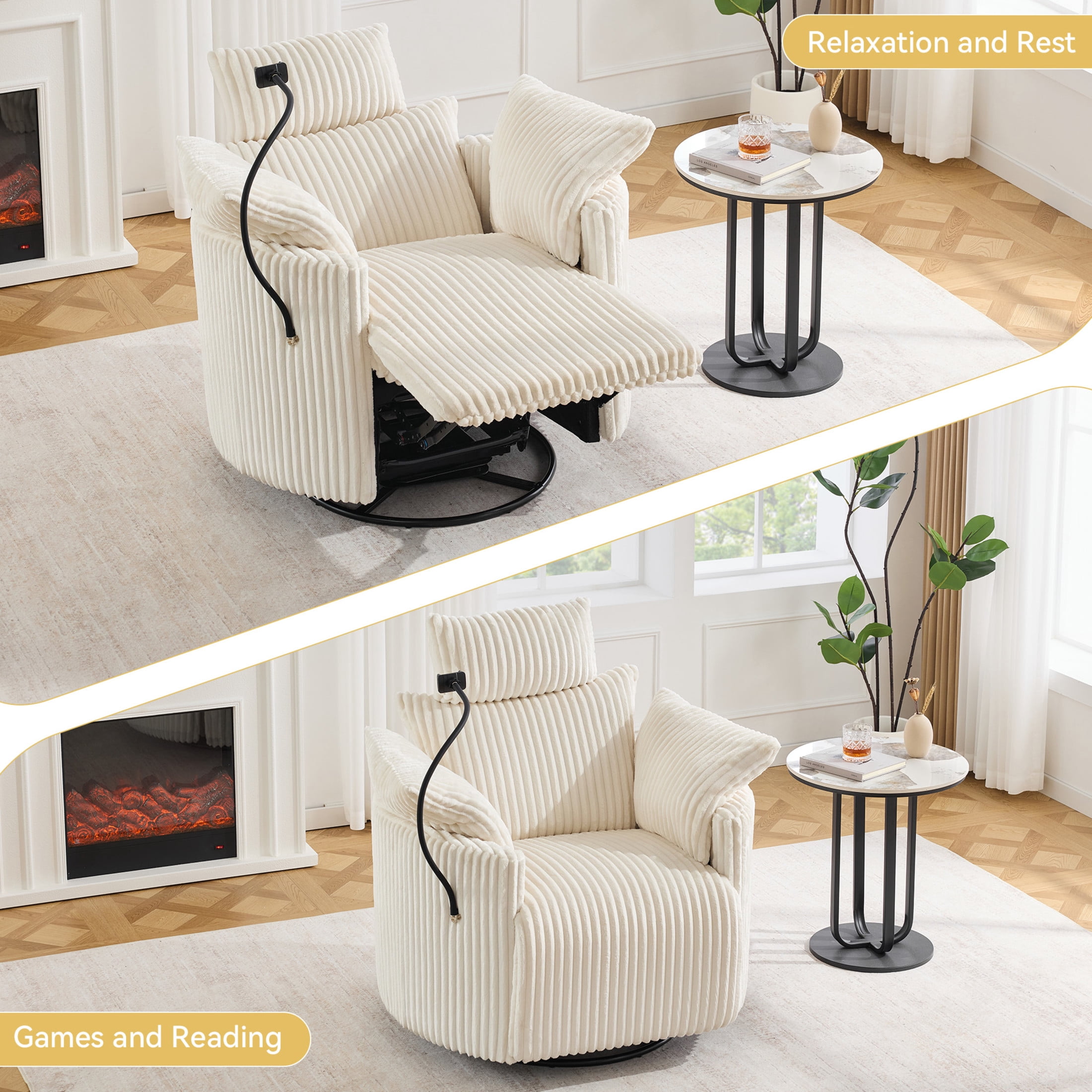 Noble House Sigrid 360° Swivel Rocking Recliner Chair, Electric Power Adjustable Corduroy Armchair with USB, White