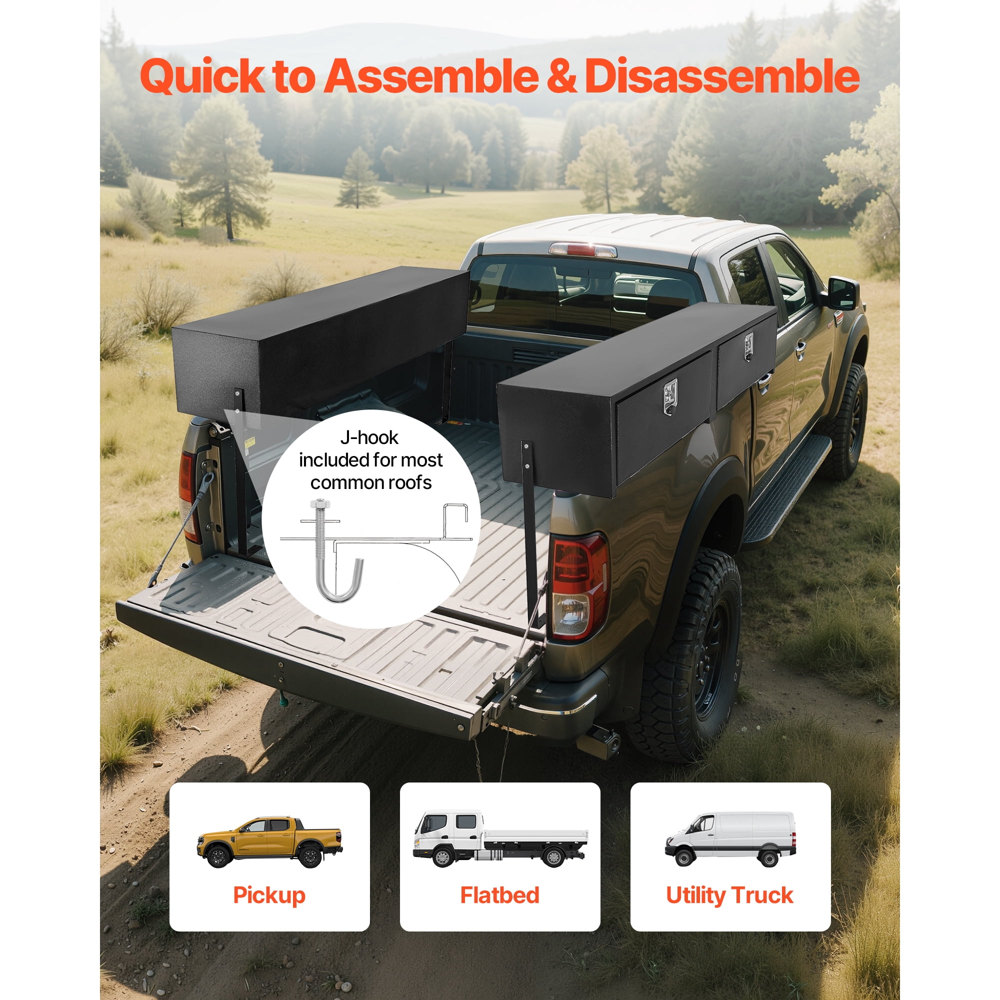 KFFKFF 72 x 13 x 16 Inch Black Carbon Steel Truck Tool Box, Topsider Storage with Dual Drop Doors, Durable Lockable Organizer with Latch, Corrosion-Resistant for Pickup Truck Beds