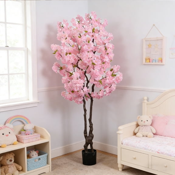 6ft Artificial Pink Cherry Blossom Tree Handmade Light Pink Cherry Tree Fake Flower Faux Plastic Leaves Plant Artificial Plants for Home Office Indoor Outdoor Spring Party Wedding Decor