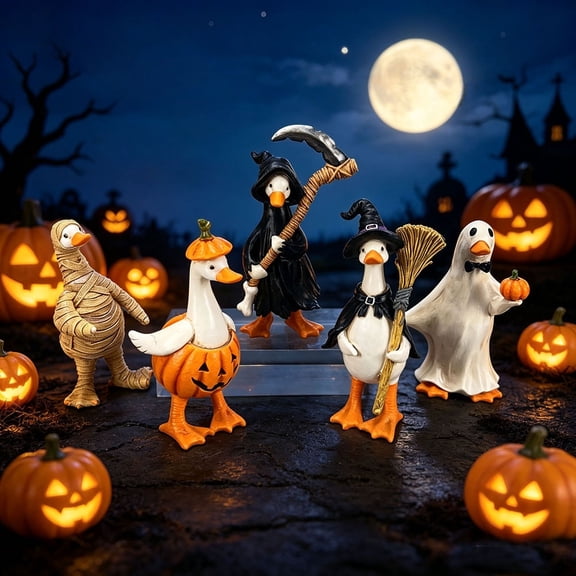 Cute Halloween Duck Resin Figurine Set, Mini Decorative Spooky Duck Statues with Fine Craftsmanship, Compact Tabletop Ornaments for Indoor Shelf Mantel Home Halloween Party Decoration, E