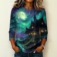 thumbnail image 2 of Halloween Shirts Women Funny 3/4 Sleeve Pullover Horror Castle Printed Tops Spooky Crew Neck T Shirts Holiday Three Quarter Length Blouses, M, 2 of 7