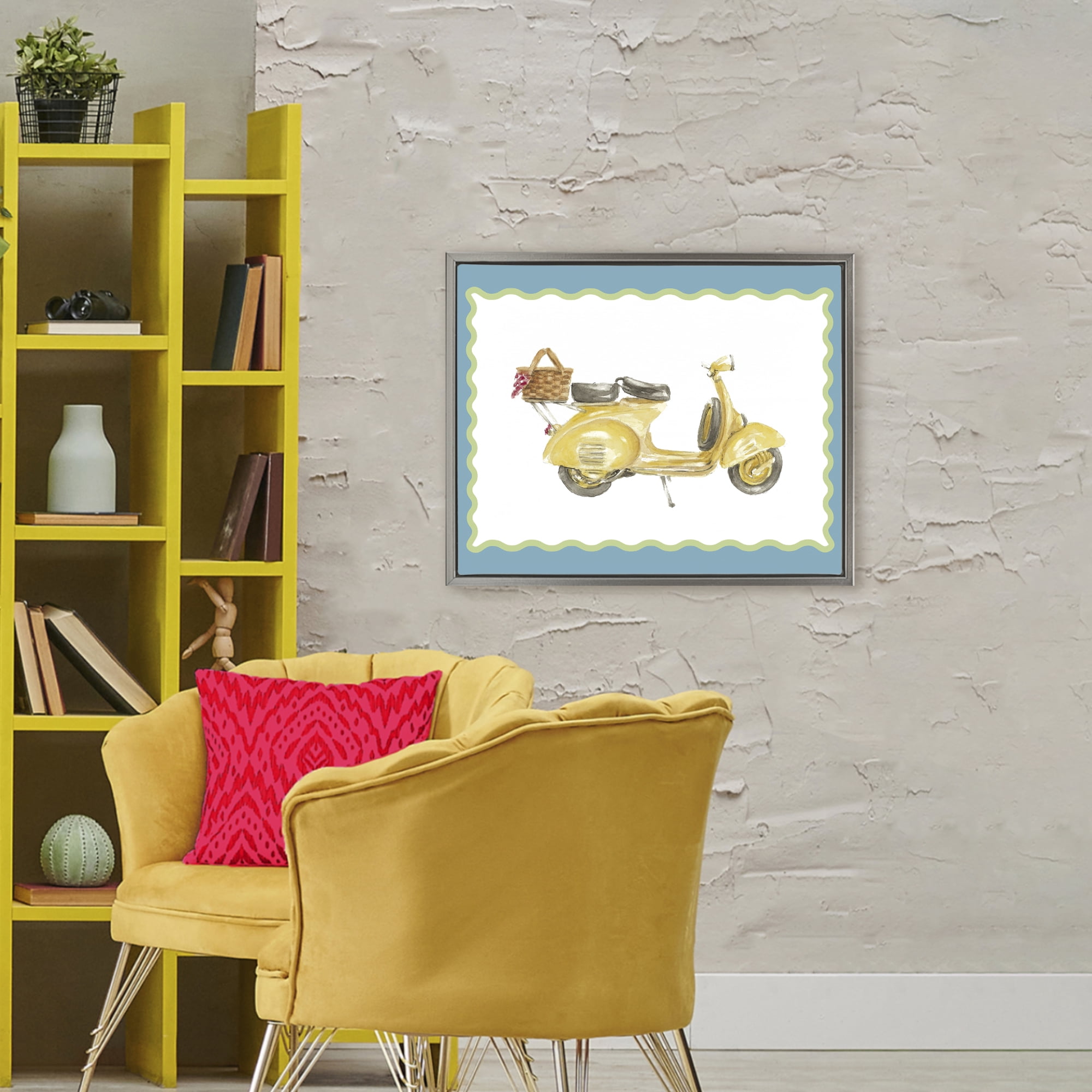 Stupell Industries Yellow Vespa with Wavy Border Gray Framed Floater Canvas Wall Art, design by Lanie Loreth