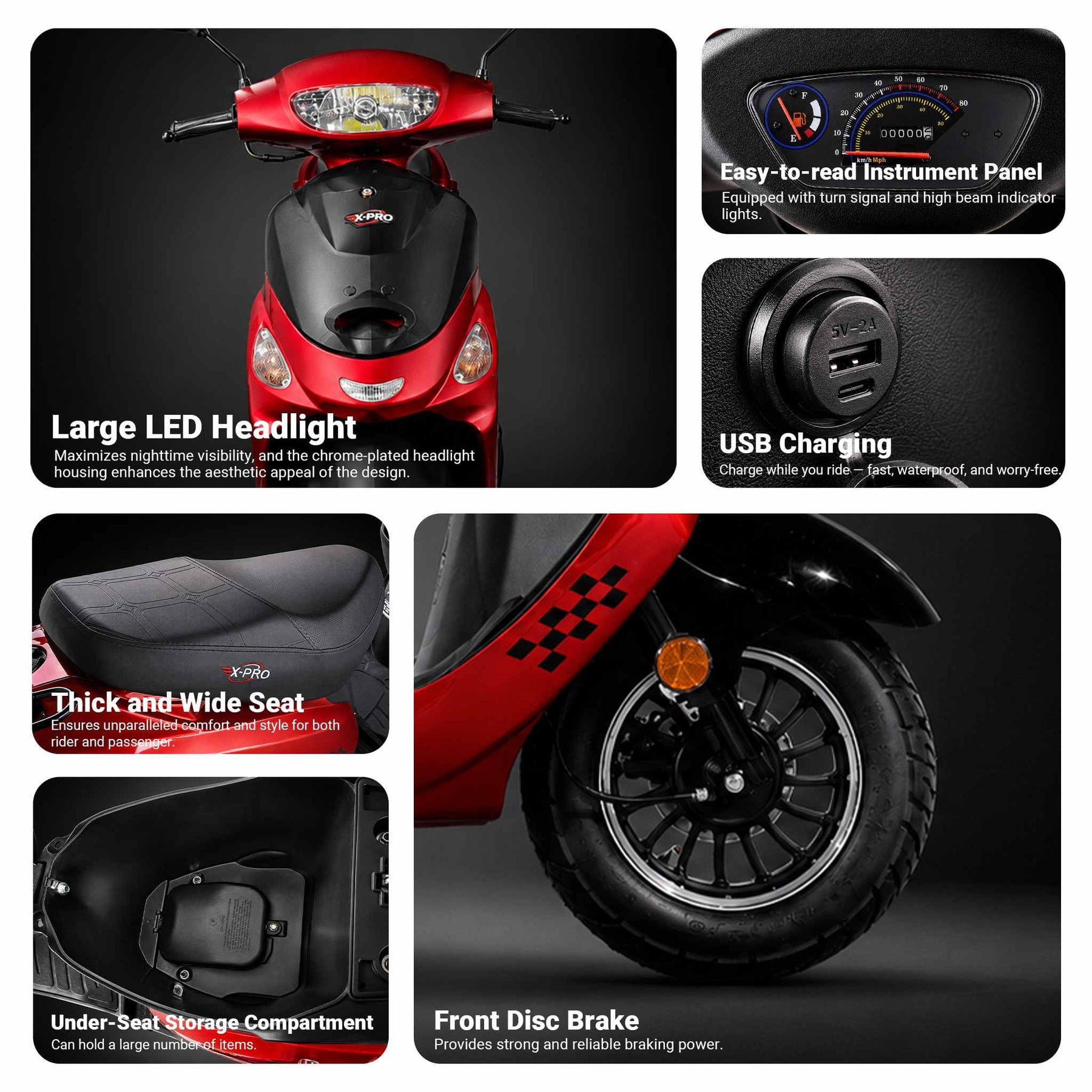 X-Pro Brand New 50 Moped 49.6cc Gas Moped Scooter Milos with Rear Trunk, 10" Aluminum Wheels! (Red)