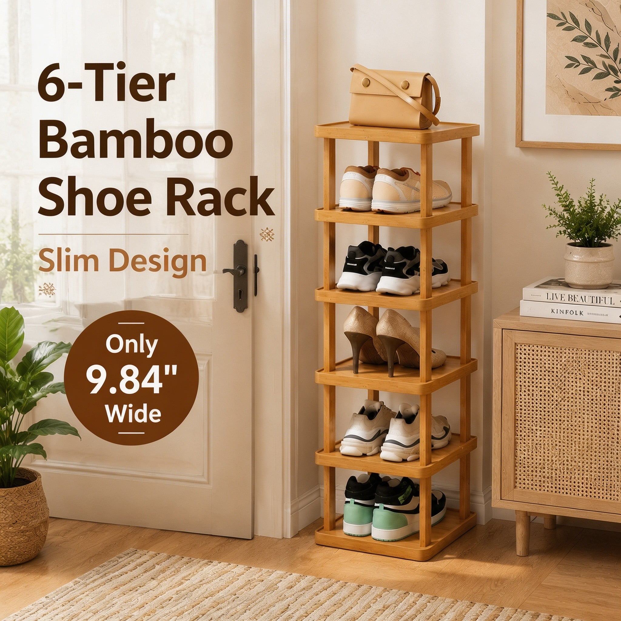 6 Tier Bamboo Shoe Rack, Narrow Vertical Shoe Organizer for Entryway, Closet and Small Spaces, Holds Up to 6 Pairs
