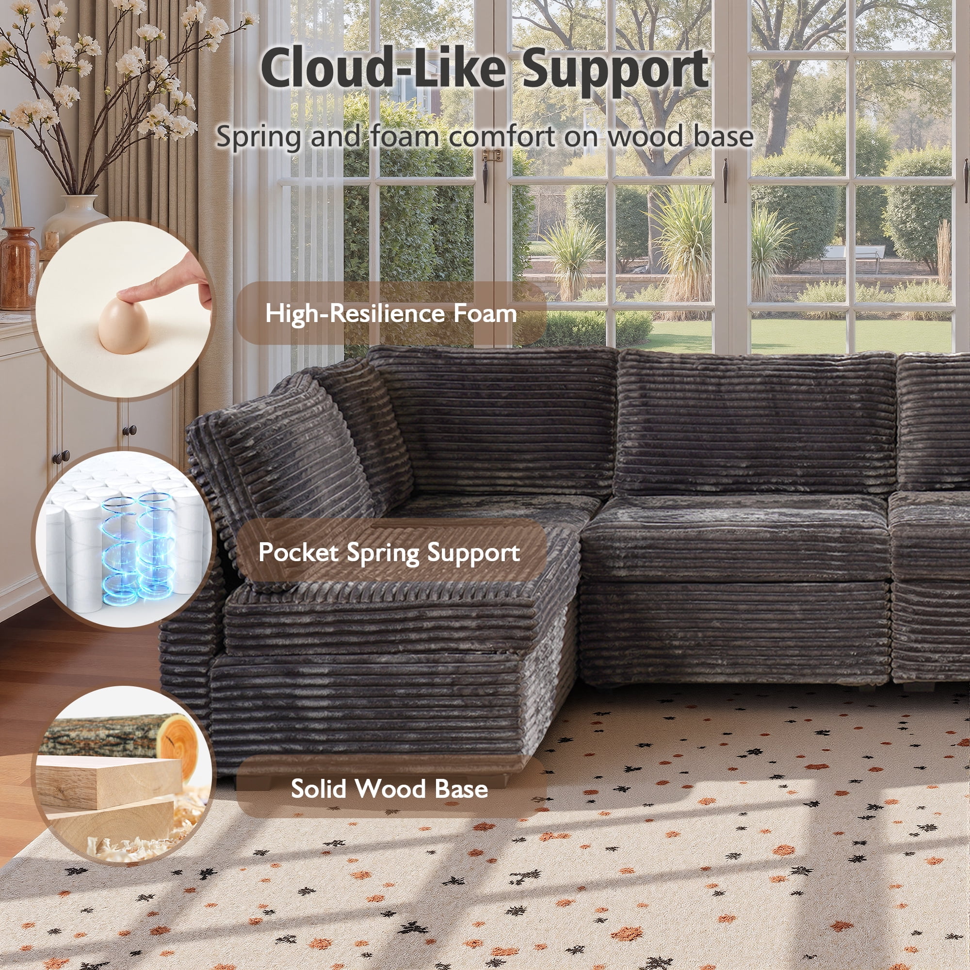 Ovios 95" Modular Sectional Sofa Deep Seat Cloud Couch with Chaise L-Shaped Corduroy Couch for Living Room, 5 Seat, Gray