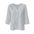 thumbnail image 7 of Hurxie 3/4 Length Sleeve Womens Tops Cotton Linen Shirts V Neck Loose Fit Casual Blouses Early Fall Fashion Clothes Gray,L, 7 of 7