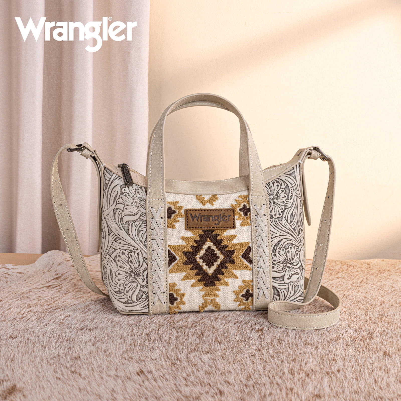 Wrangler Tooled Aztec Small Crossbody Handbag for Women Stylish Handle Bag Designer Top-Handle Crossbody Bags, Beige