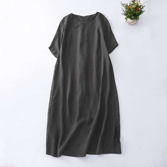 Robe d'Été pour Femmes 2024 Mode Grande Taille Solide Décontractée Col Rond Manches Courtes Vacances Poches Robe 50 % de Réduction Liquidation!