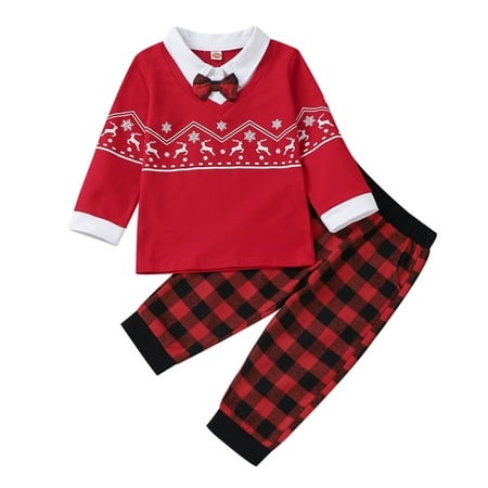 

JIEU Toddler Kids Boys Girls Fashionable Casual Outfit Christmas Prints Long Soft and Breathable Sleeves Tie Bowknot Top Plaid Pants 2pcs Set Outfits Christmas Gifts Baby Gifts