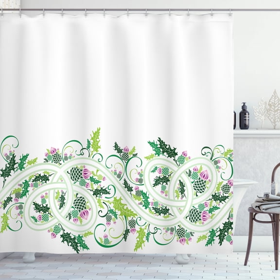 Thistle Shower Curtain, Graphic Frieze Border Ornament with Stylized Curvy Thistle Leaf and Tangled Stripe, Fabric Bathroom Set with Hooks, 69W X 84L Inches Extra Long, Multicolor, by Ambesonne