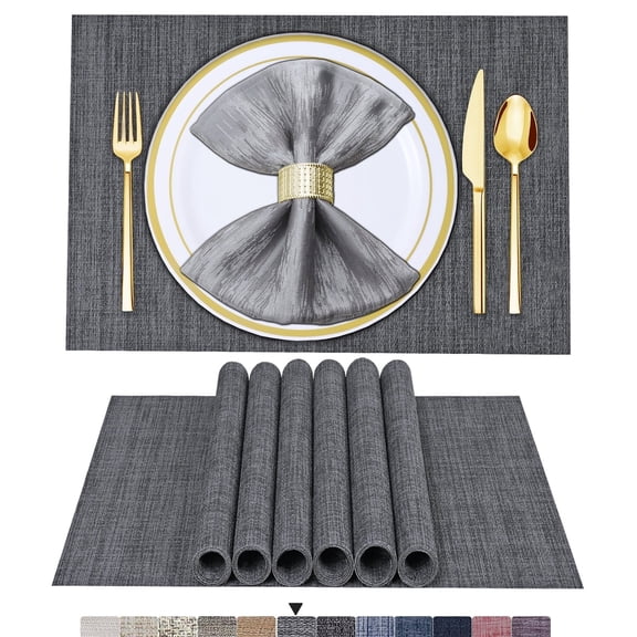 Placemats Set of 6, BETEAM Woven Vinyl Rectangular Washable Placemats( Grey)