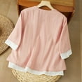 thumbnail image 4 of XUNKUSGA Womens Tops Loose 3/4 Sleeve Cotton Linen Shirts for Women Summer Retro Embroidered Boho Tops Fashion Chinese Frog Button V-Neck Women's Blouses M-3XL,Pink, 4 of 5