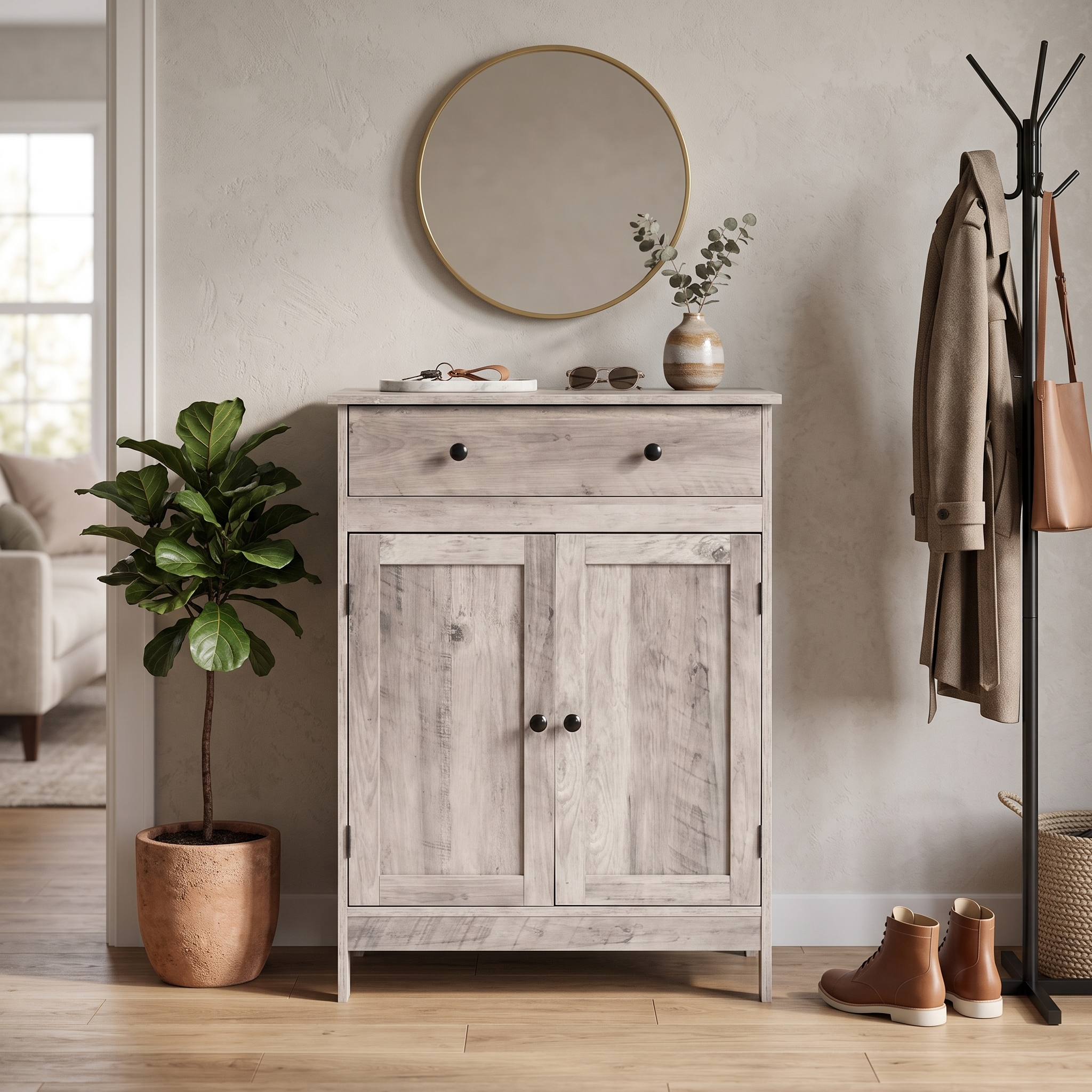 Elegant Washed Grey Bathroom Storage Cabinet Double Door Single Drawer Triple Melamine Laminate Particle Board for Bathroom Powder Room Apartment Vanity Side