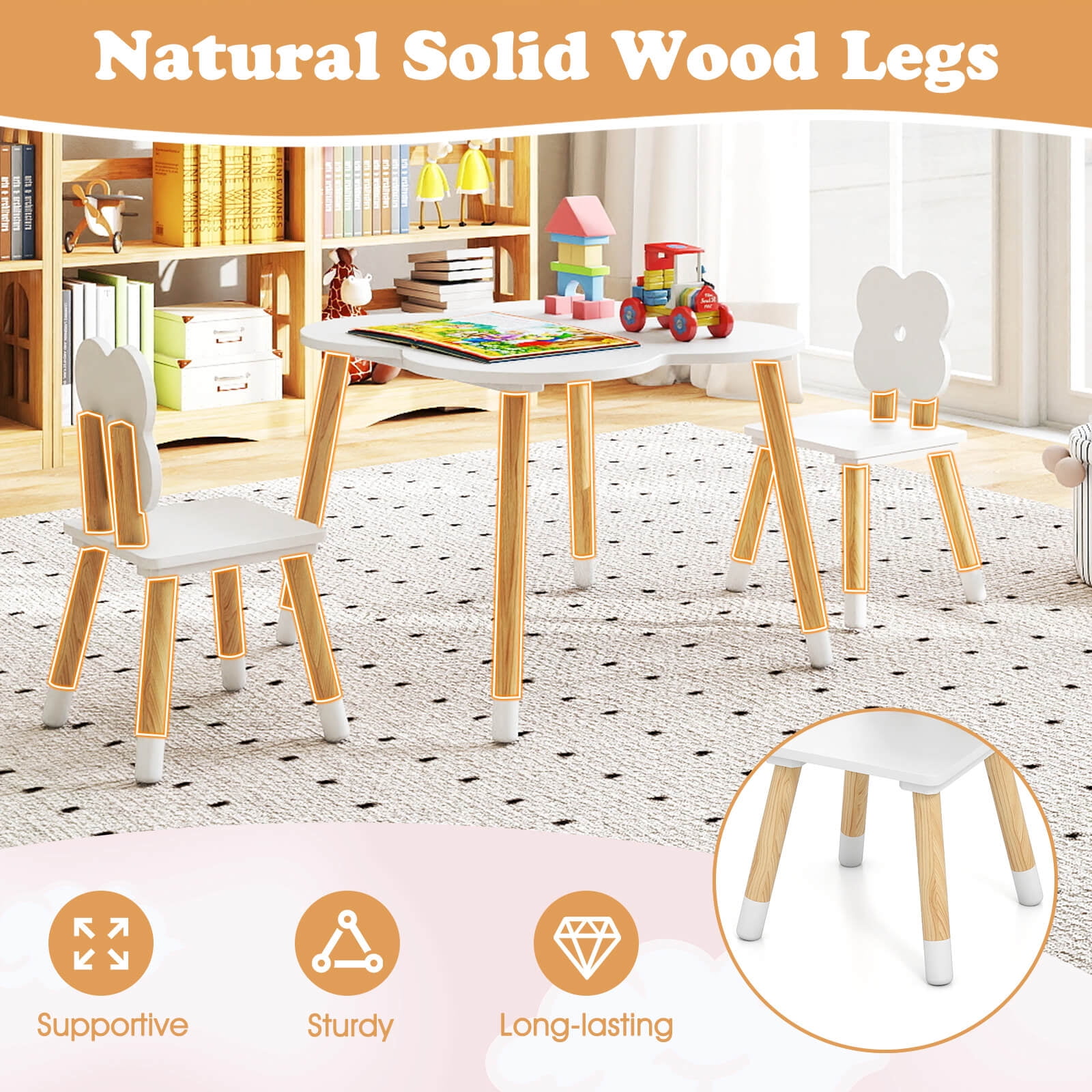 Costway Flower-shaped Kids Table Set with 2 Child-sized Chairs Solid Pine Wood Legs White