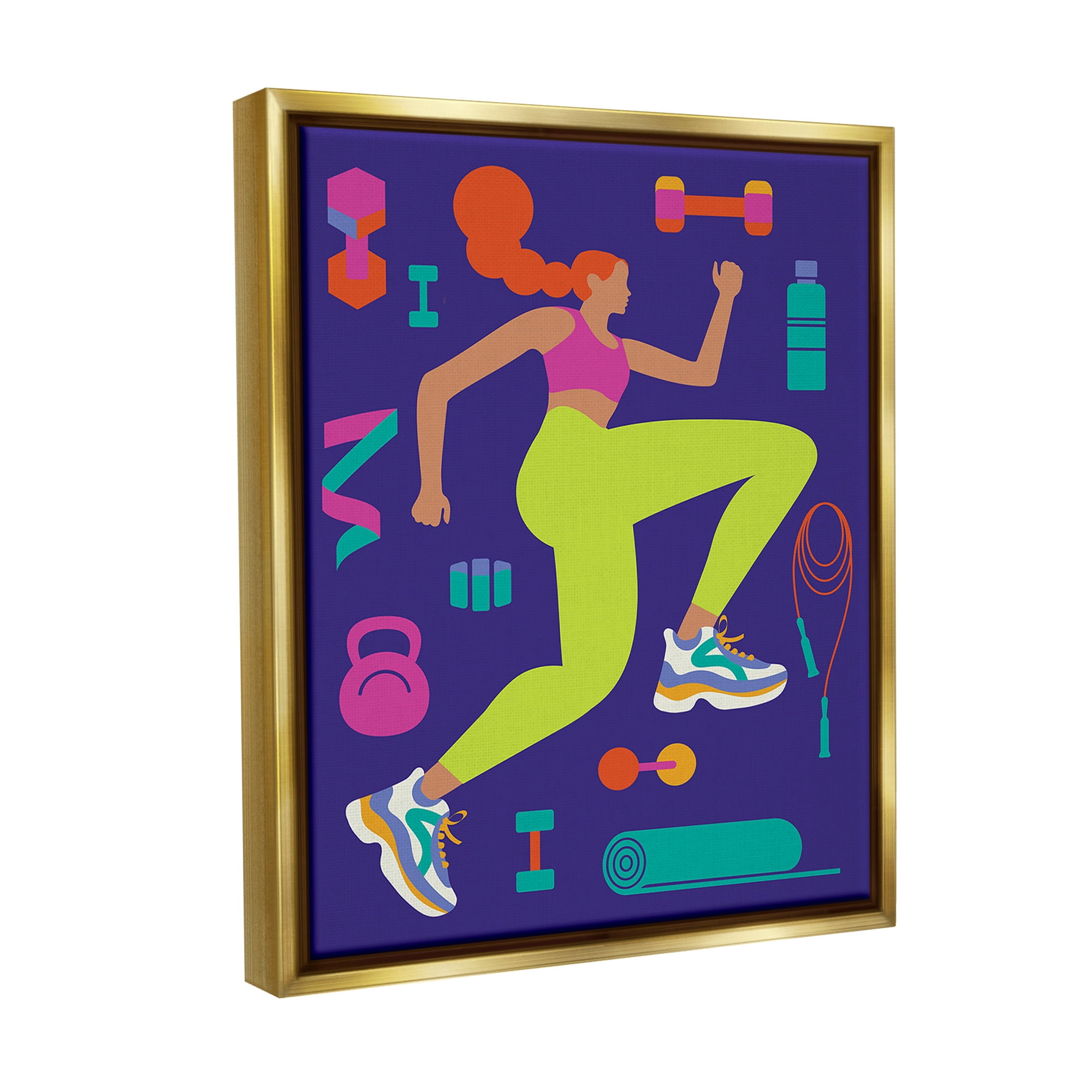 Stupell Industries Woman with Fitness Weights Sports Painting Gold Floater Framed Canvas Art Print Wall Art, 25 x 31