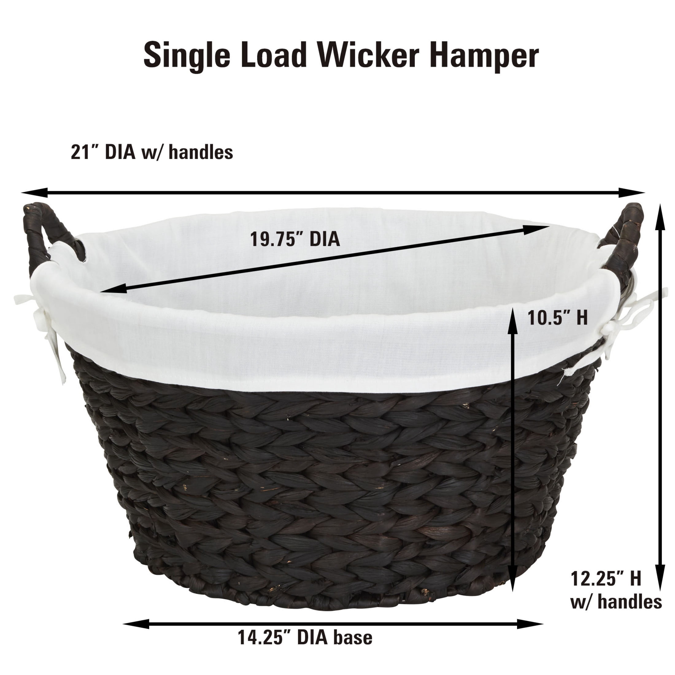 Household Essentials Round Wicker Laundry Basket with Handles, Whimsical Water Hyacinth Basket, Supportive Metal Frame, Removable Polyester Liner, Handwoven, Well-Structured and Versatile, Brown