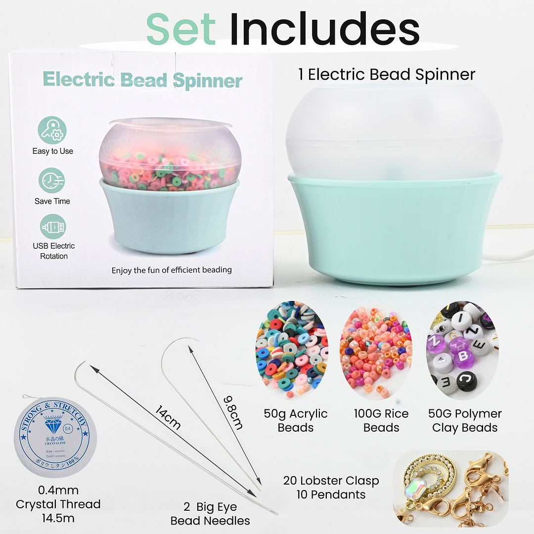 Bead Spinner Kit - Electric Clay Bead Spinner for Jewelry Making - Necklace Bracelet Maker Machine with 2 Big Eye Beading Needles & Accessories Friendship Cute Unique Christmas Gifts - Green