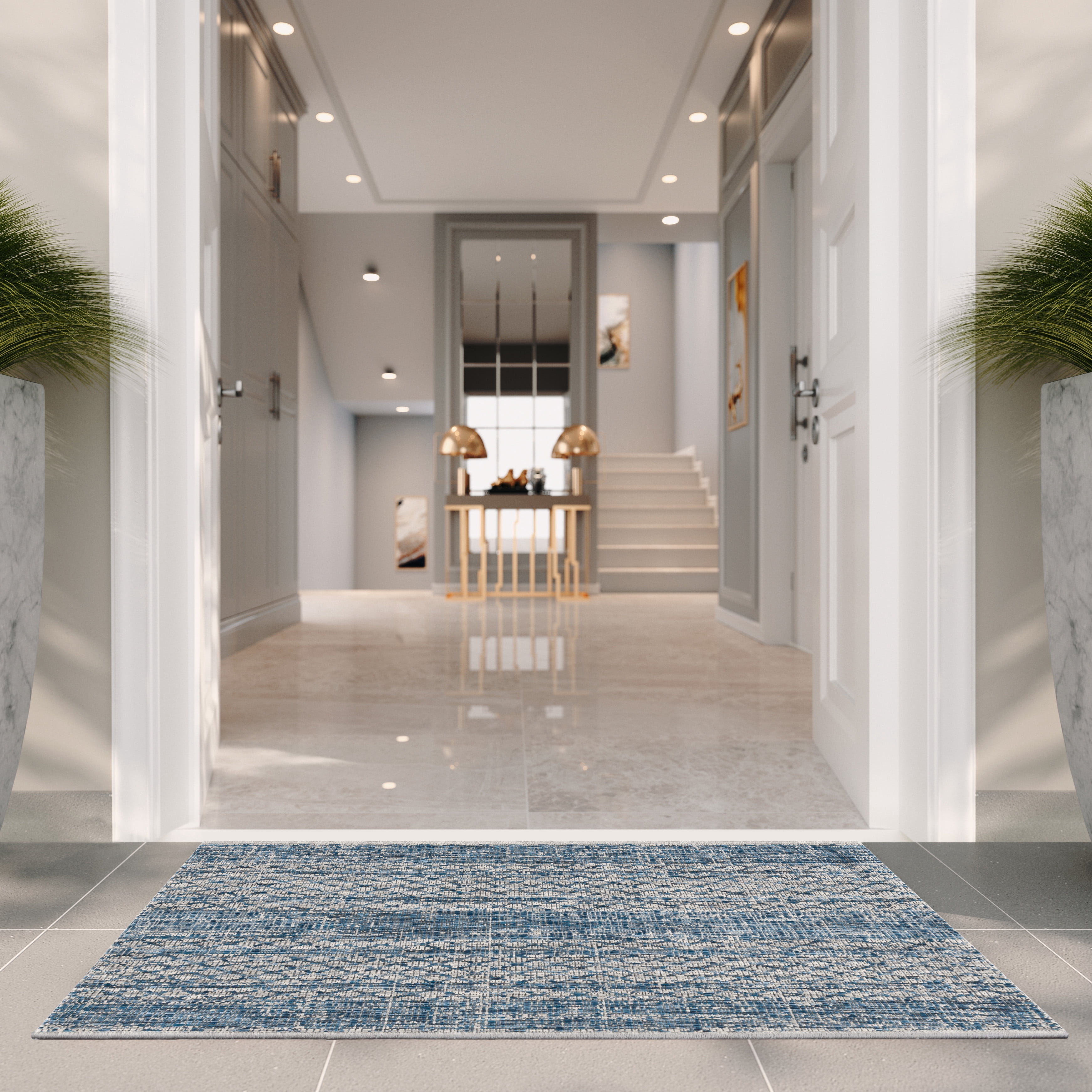 SAFAVIEH Courtyard Robert Striped Indoor/Outdoor Area Rug, Light Grey/Blue, 4' x 5'7"