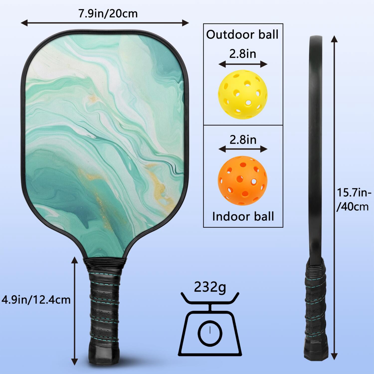 Pickleball Paddles Set Of 1, Fiberglass Surface, Turquoise Marble Pattern, 1 Paddle, 2 Balls & Bag