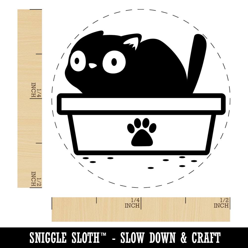 Cat Pooping Litter Box Funny Self-Inking Rubber Stamp Ink Stamper - Black Ink - Mini 1/2 Inch