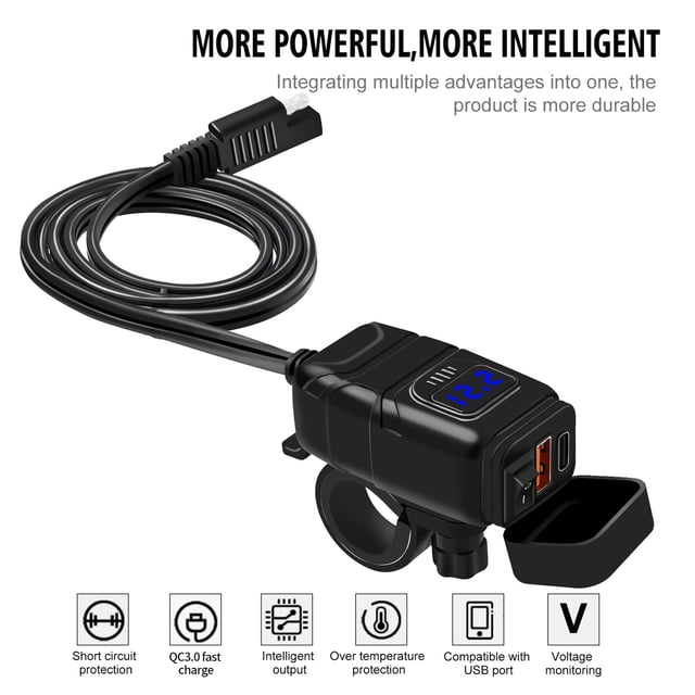 Motorcycle USB C , Dual Fast Charging, SAE Interface Quick Installation, 30W PD 18W QC 3.0 Ports, with Voltmeter ON Off Switch for Phone Tablet