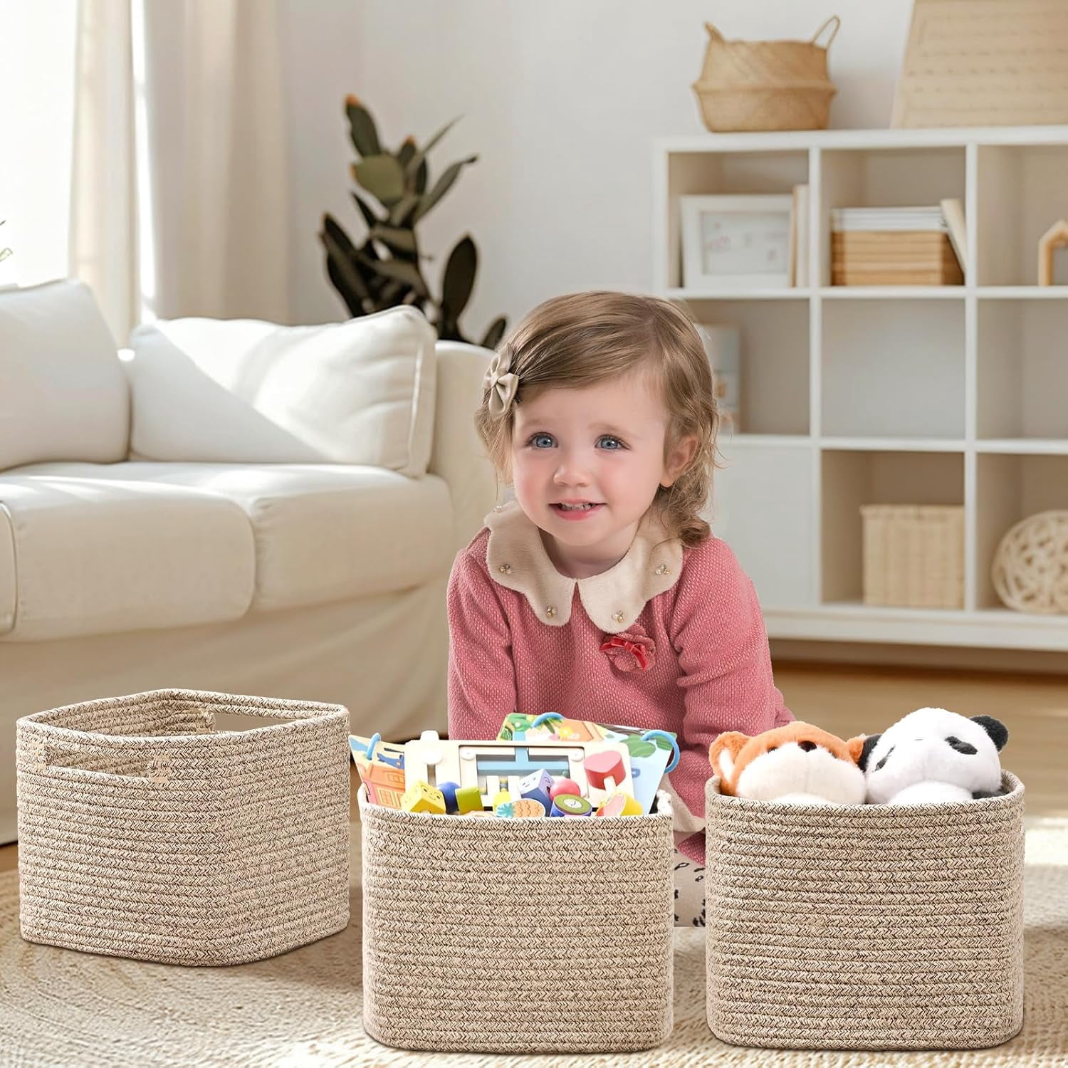 Natubeau 3 Pack Woven Storage Basket, 9"x9"x7" Cotton Rope Woven Baskets for Organizing, Cube Storage Bins for Shelves, Jute Color