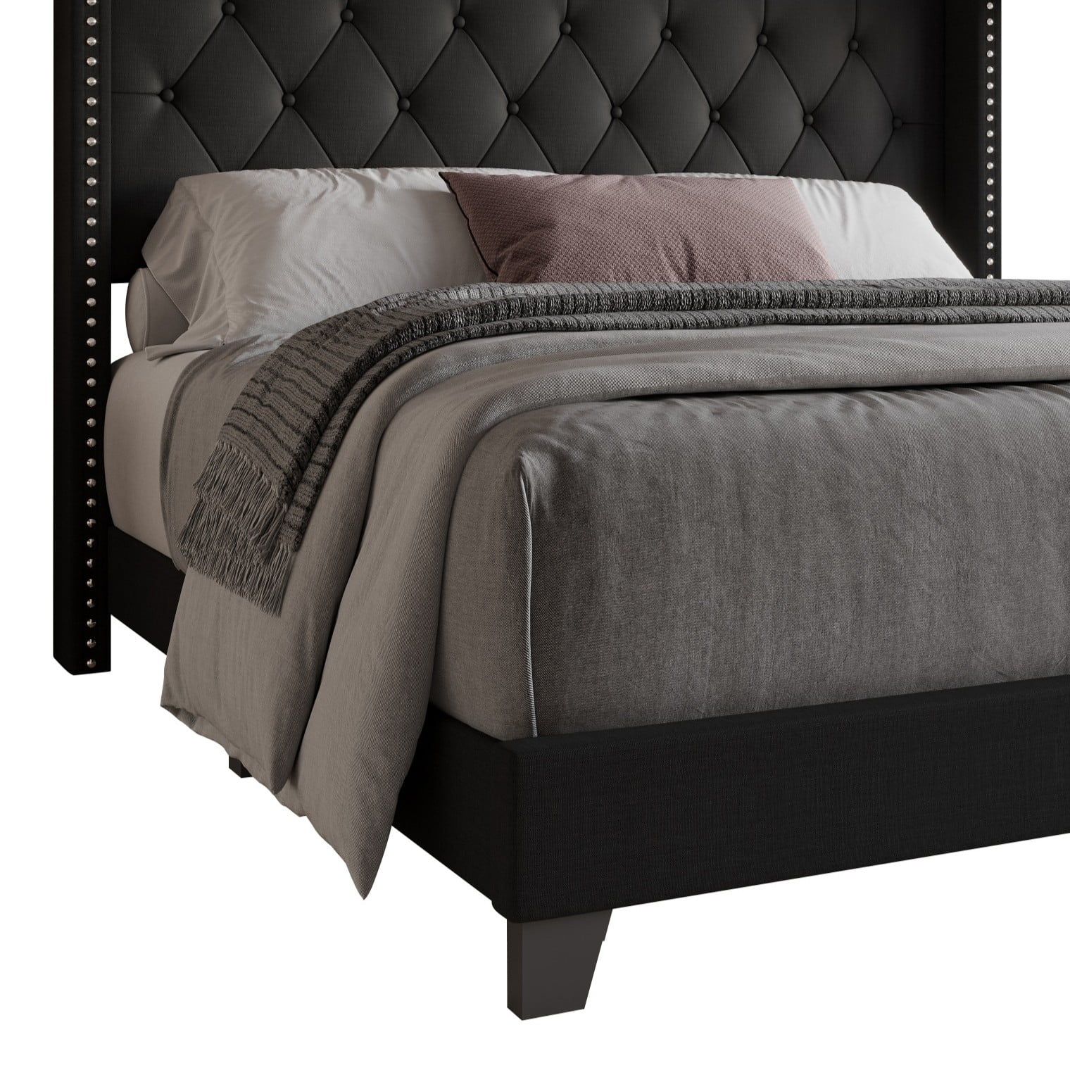 Home Design Homer Full Button-Tufted Wingback Upholstered Panel Bed Frame with Nailhead Trim design for Adult, Black, Easy Assembly