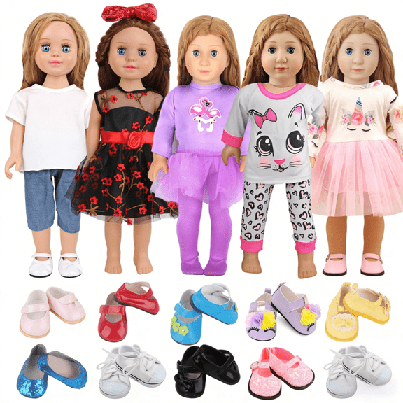 AlevRam 18 inch Doll Clothes Set 5 Outfits 2 Random Shoes Fits 18 inch Dolls, Doll Dresses Pajamas Tops Pants Clothes Set for Girls, Random Styles